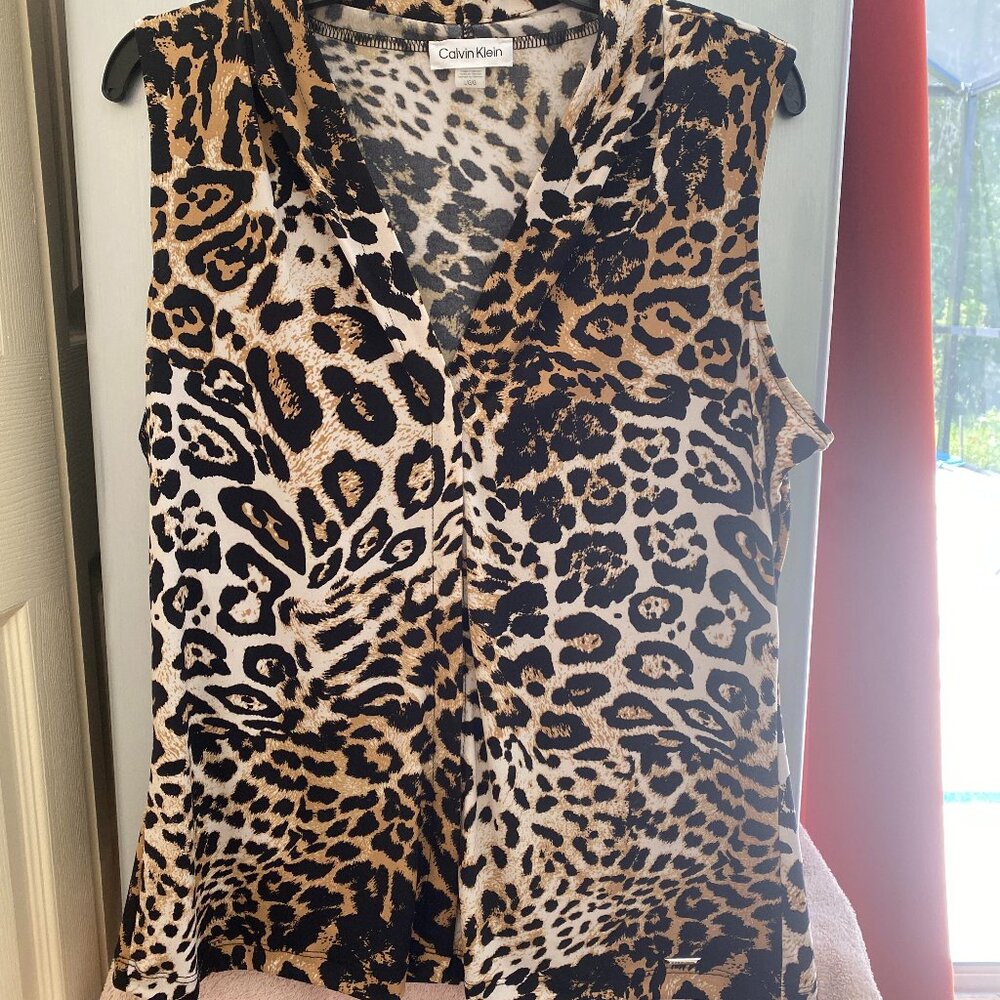 Calvin Klein Leopard Print Sleeveless Blouse Size L